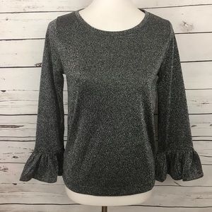 J Crew Silver Glitter Top Ruffled Sleeve Small